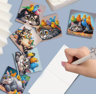 Preview: Diamond Painting 6 Stück Katze spielt mit den Vögeln